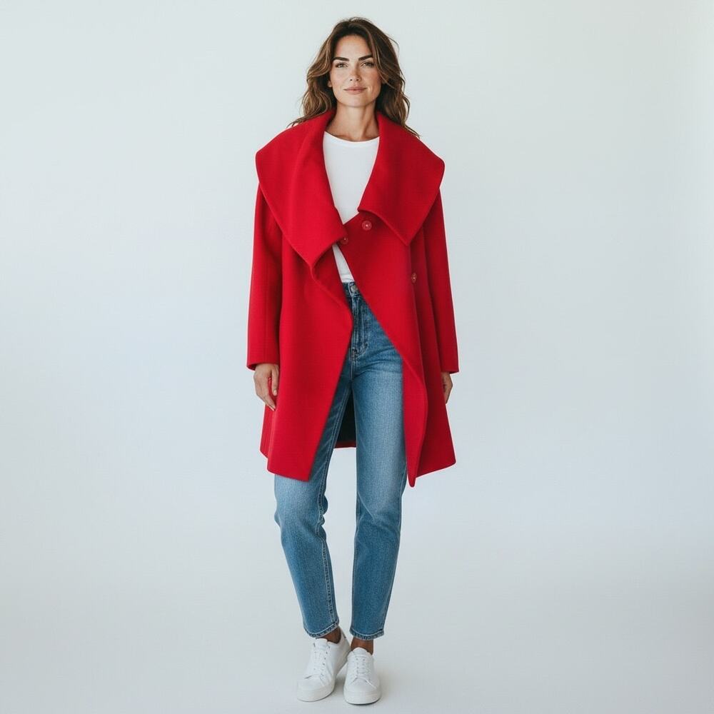 Elizabeth and James Red Wool Cashmere Coat S Oversized Collar Draped Jacket